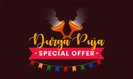 Typography text on indian festival of durga puja with Dhunuchi and decorative background with with special offer.のイラスト素材
