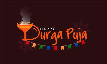 Typography text on indian festival of durga puja with Dhunuchi element and decorative background with mandala.のイラスト素材