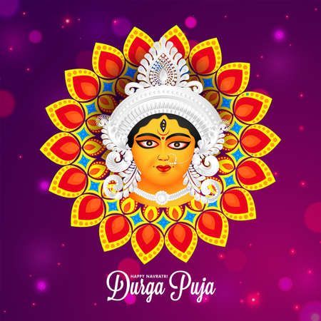 mandala design with Beautiful maa durga face illustration for indian festival shubh navratri and durga puja on colorful celebration background with bokeh effect.のイラスト素材