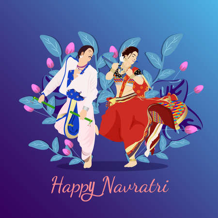 Shubh Navratri Background Design With Couple Dancing In Garba. blue elegant design with beautiful leafs.のイラスト素材