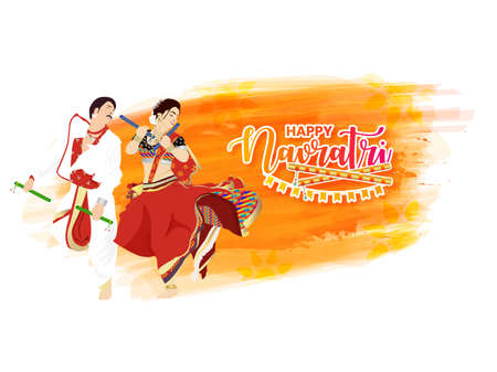 Happy Navratri, Vector Illustration based on Beautiful grungy background with couple dancing garba with dandiya.のイラスト素材