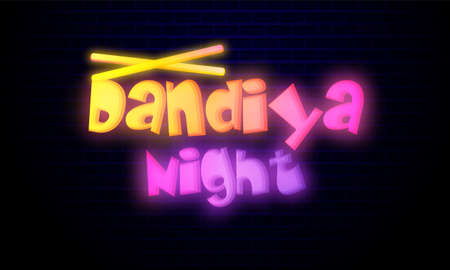 Happy Navratri. Indian festival celebration Vector typography neon light text on Dandiya night.のイラスト素材