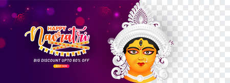 Indian Religion Festival navratri & Durga Puja Banner, Header Design with Goddess Durga beautiful Face Illustration.のイラスト素材