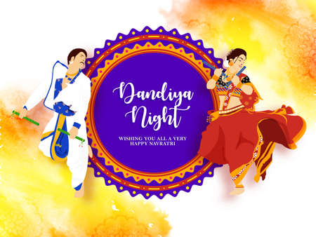 Happy navratri. Dandiya night, Illustration of dandiya dance on the festival of navratri, poster design with mandala abstract colorful elegant backgroundのイラスト素材