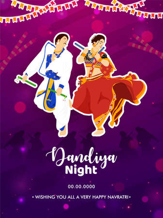 Dandiya night party flyer. Illustration of couple dandiya dance pose on the indian festival of Navratri.のイラスト素材