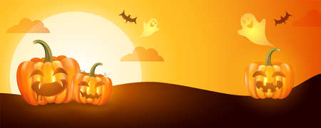 Halloween night banner, vetor illustration of funny horrable pumpkins and small ghost with horrable moon night background.のイラスト素材
