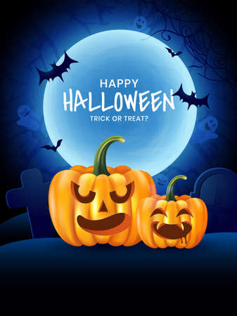 Halloween pumpkins and dark graveyard on blue Moon background with flying bats and ghosts and horrable trees, illustration. Happy Halloween night, trick or treat.のイラスト素材