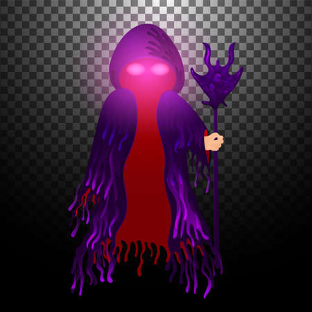 Happy halloween night. a horror charachter with his glowing eyes withour body and take his hand a magic big stick on dark purple ghost costume in PNG background.のイラスト素材