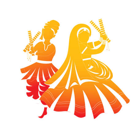 Beautiful Couple dancing with dandiya on celebration of navratri festival of india.のイラスト素材