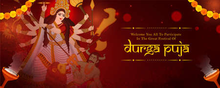 Banner, Poster or web header background design for indian festival celebration in bengal Happy Durga puja.のイラスト素材