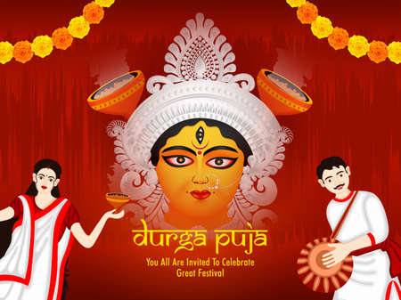 Illustration of maa durga for celebration of festival of india Durga puja (subho bijoya), Banner, poster, card design.のイラスト素材