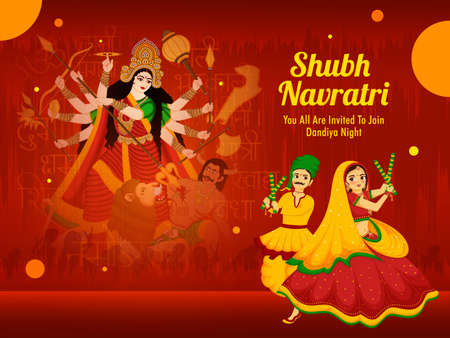 Illustration of maa durga and couple dancing with dandiya for on the celebration of happy navratri. translation in english durga mantra,Happy navratri.のイラスト素材