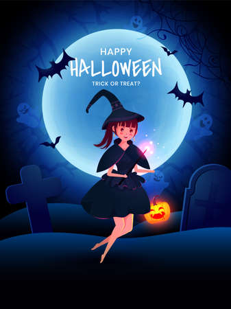 Halloween full moon poster, banner, haunted night, pumpkin ,little ghost and scary witch with magic stick.のイラスト素材