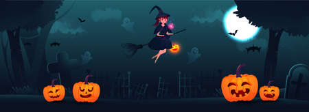 Halloween night , banner,web header,or landscape, beautiful witch, magic stick, pumpkin on horror background.のイラスト素材