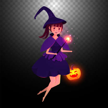 Illustration of a beautiful witch flying with magic stick and pumpkin on PNG background.のイラスト素材