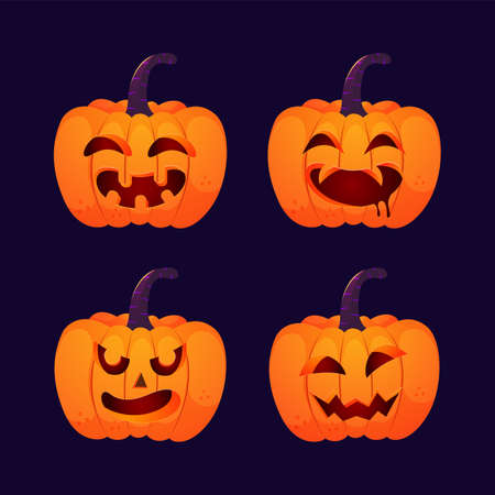 Illustration Set of halloween pumpkins , funny faces. Autumn holidays. Happy halloween night.のイラスト素材