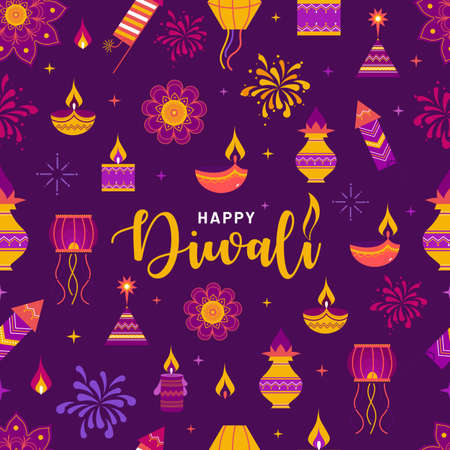 Beautiful seamless pattern design, Stylish text typography of " Happy Diwali". Illustration for celebration of indian festival celebration doodle element on purple background Deepawali banner or poster design.のイラスト素材