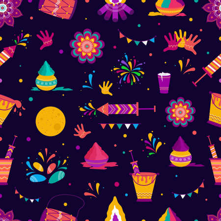 Seamless pattern design for indian festival of colors and love Happy holi celebration, doodle art or icons elements.のイラスト素材
