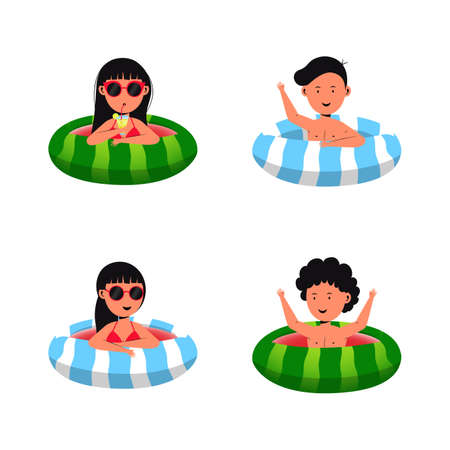 Set of four cartoon characters of kids playing and enjoying summer vacations with friends in a swimming ring.のイラスト素材
