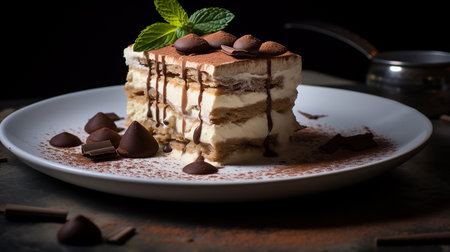Discover the decadence of classic tiramisu with layers of creamy mascarpone, coffee-soaked ladyfingers, and a dusting of cocoa. A dessert masterpiece captured with precision.の素材