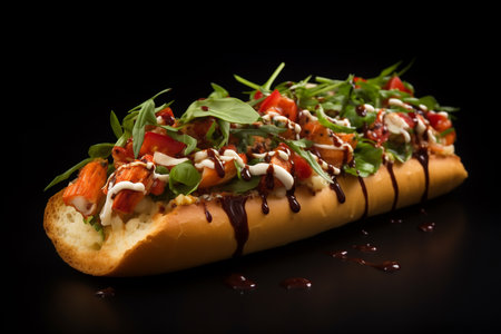 Delicious hot dog with arugula and tomatoes on black backgroundの素材
