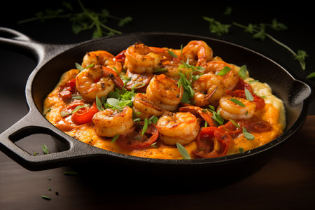 Seafood paella in cast iron pan on dark wooden backgroundの素材