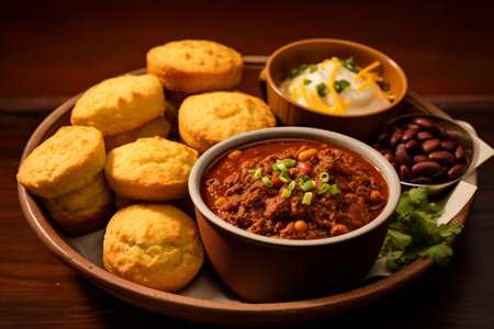 Chili con carne, typical mexican food served with cornbreadの素材