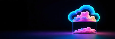 3d render of cloud with neon lights on dark background. 3d illustrationの素材
