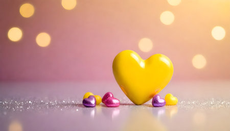 Yellow heart with colorful candies on a bokeh background.の素材