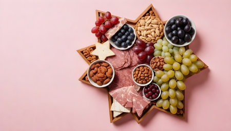 Assortment of different types of cheese, ham, salami, grapes and nuts on a pink backgroundの素材