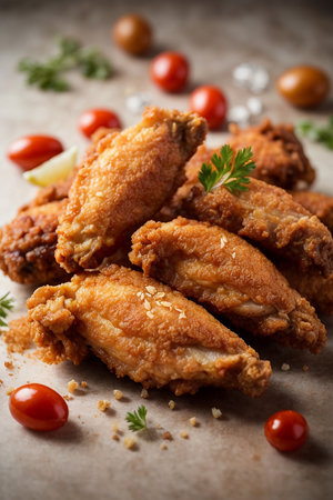 Fried chicken wings with sesame seeds and cherry tomatoes on stone backgroundの素材