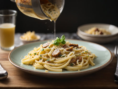 Spaghetti carbonara with grated parmesan cheese and basilの素材