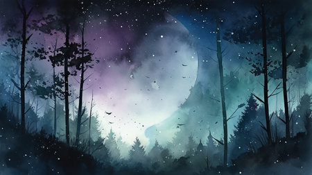 Night forest with full moon and stars. Watercolor painting illustration.の素材