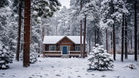 Wooden house in a pine forest during a snowfall in winterの素材