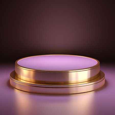 3d rendering of golden round podium on purple background. Platform for product presentation.の素材