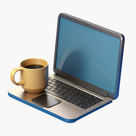 Laptop and coffee cup on white background. 3d rendering.