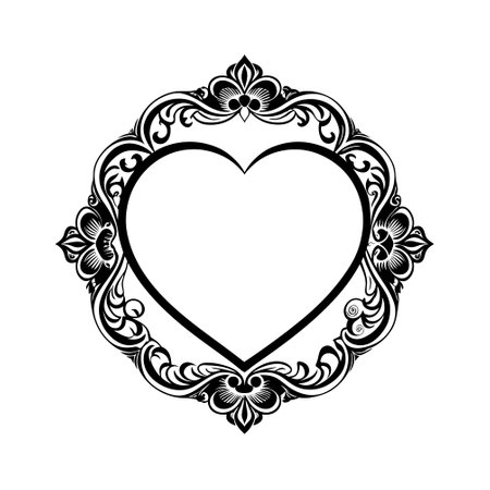 Vector black and white heart frame with floral ornament isolated on white backgroundのイラスト素材