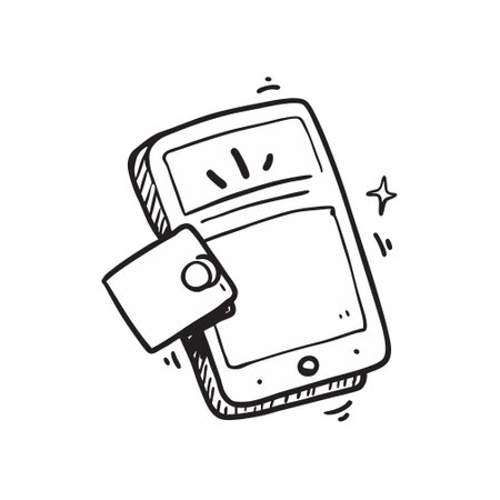 Smartphone with credit card icon in doodle style. Vector illustration.のイラスト素材