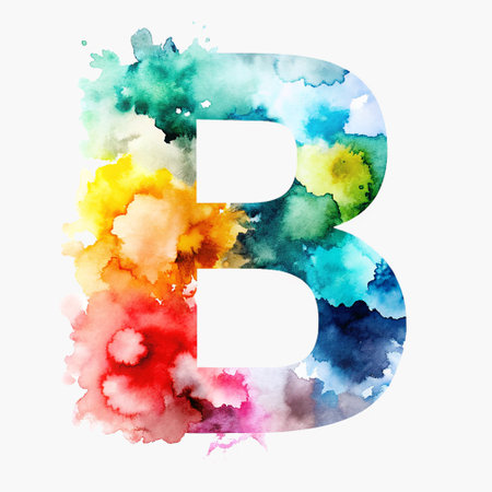 Watercolor letter B painted with colorful watercolor splashes isolated on white backgroundの写真素材