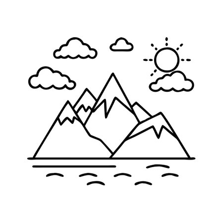 mountains and sun icon over white background, line style, vector illustrationのイラスト素材