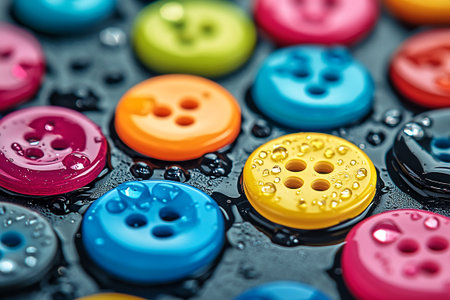Macro shot of colorful buttons with water drops on black background.の素材
