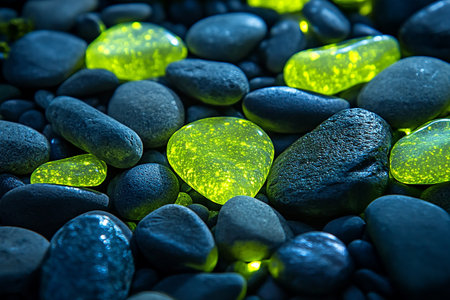 Green pebble stones on a black background. Abstract background.の素材