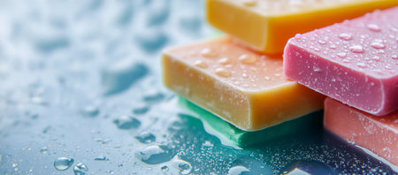 Close-up of colorful soap bars with water drops on blue backgroundの素材