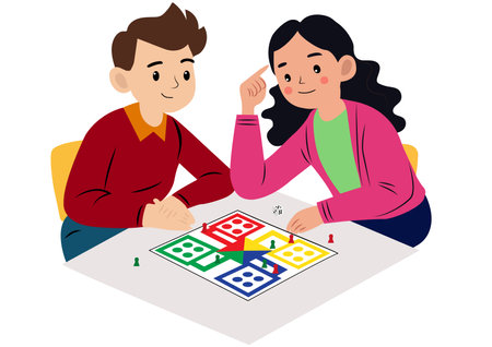 Kids playing Ludo Strategy Board Game together. Indian people past time hobby vector illustration. Indoor Hobby Gameのイラスト素材