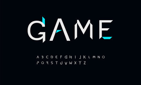 Geometric font alphabet letters. Modern  typography. Minimal futuristic typographic design. Bevel letter set for tv series, cinema headline and cover title, trendy type.のイラスト素材