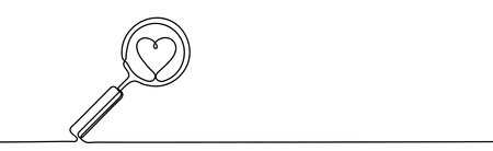 Search heart and love icon. Magnifying glass with heart inside. One continuous line vector illustration.のイラスト素材