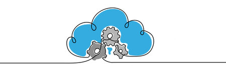 Cloud technology sign. Clods with gears. Cloud computing, big data Concept. Continuous one line Vector illustrationのイラスト素材