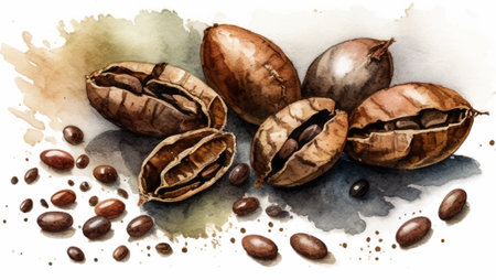 Watercolor coffee beans. Vector illustration on white background.のイラスト素材