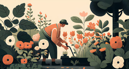 Gardening - A person planting flowers in a gardenのイラスト素材