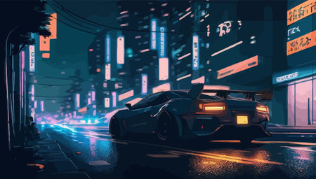 Modern futuristic supercar in the night city. Template design for poster, flyer or banner. Vector illustrationのイラスト素材